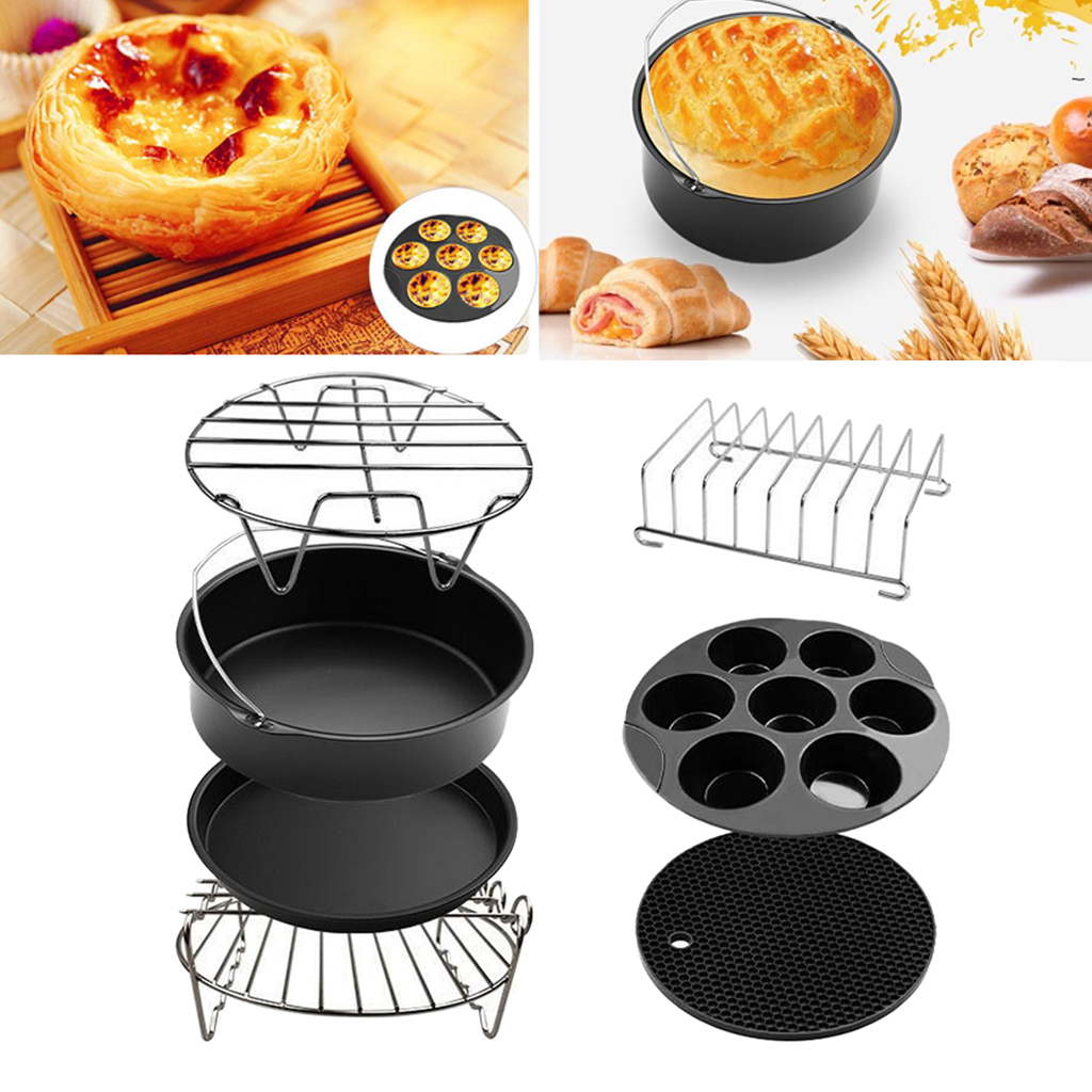 7pcs Air Fryer Accessory Kit Silicone Mat 8inch Pizza Pan Metal Holder