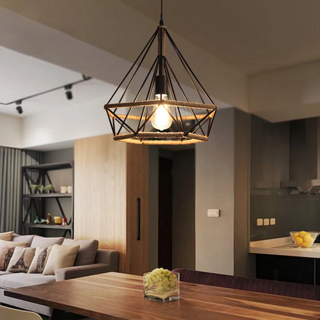 Creative Metal Wire Lampshade Manila Rope Chandelier Ceiling Pendant Lampshade Compatible w Standard E27 Socket Light Bulb