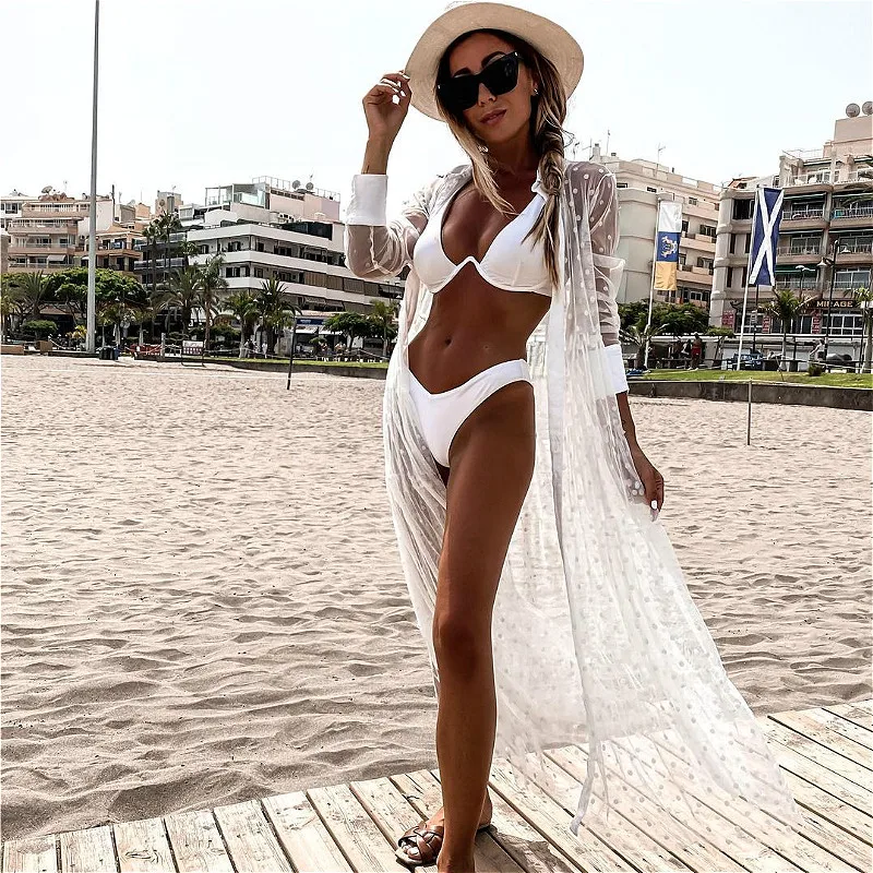 Woman's Polka Dot Swimsuit Cover Up Beach Smock Sexy Lapel Long Sleeve Mesh Perspective Tunic Dress Robe Female Beachwear 3 piece swimsuit with cover up