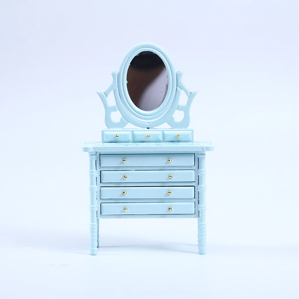 Miniature Doll House Bedroom Furniture, 1/12 Scale Birch Wooden Makeup Dressing Table for Dollhouse Dressing Room Bedroom Decor