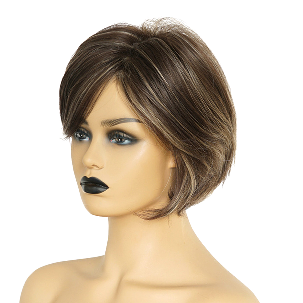 Lady Short Wigs Pixie Cut Hairstyle  Human Hair Wigs W/ Side Bangs