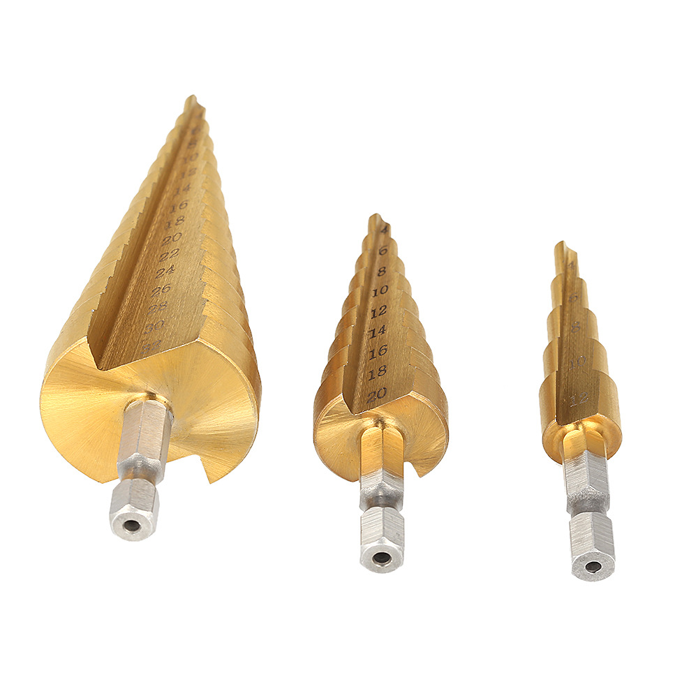 3pcs 1 / 4 " Titanium Coated Metal Hex Core Drill Bits Hss Step Drill Bit Set Cone Hole Cutter Taper Metric 4 - 12 / 20 / 32mm