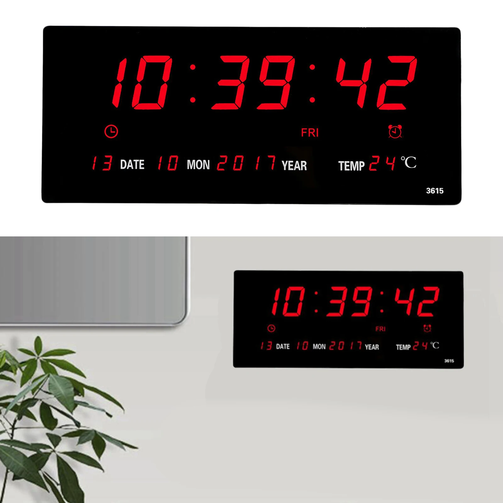 LED Digital Wall Clock Calendar Large Display w/ Indoor Temperature Date and Day