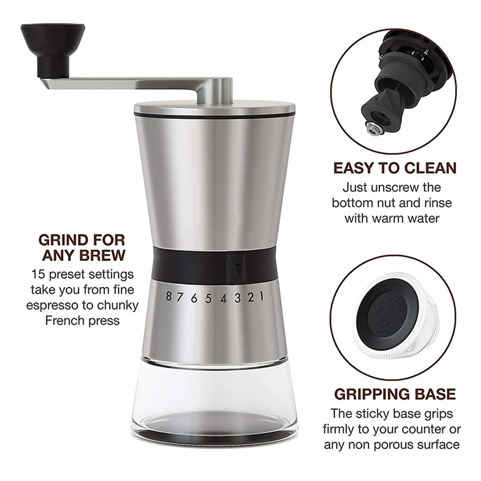 Durable Manual Coffee Grinder with Adjustable 8 Setting Hand Mill Coffee Grinder for Press Camping Turkish Brew Espresso