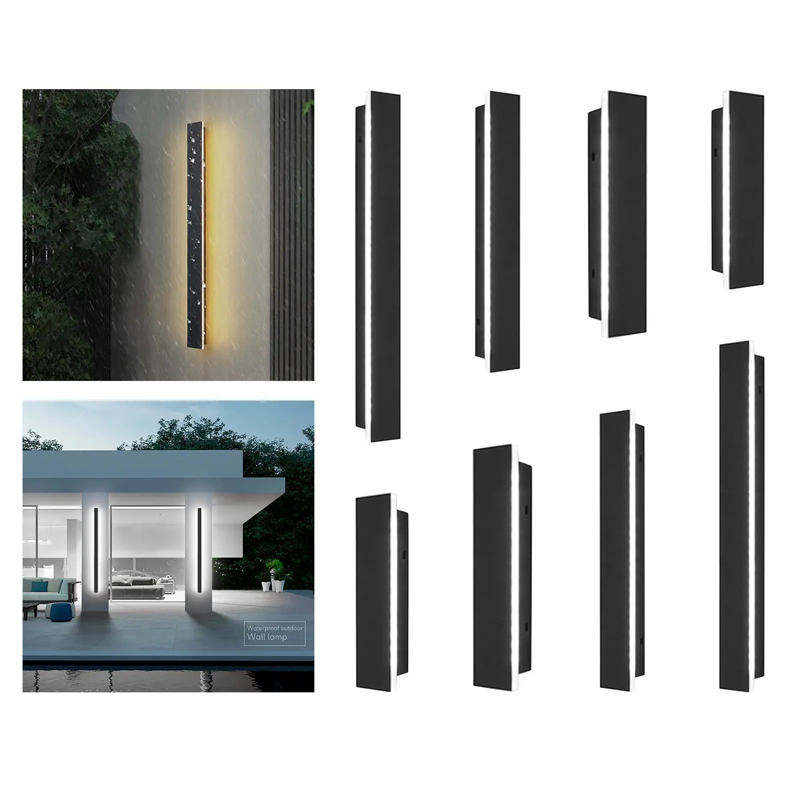 Outdoor Long Strip Modern LED Wall Lighting Fixture Lamps, Elegant Frosted Black Iron Body IP65 Waterproof Anti Rust