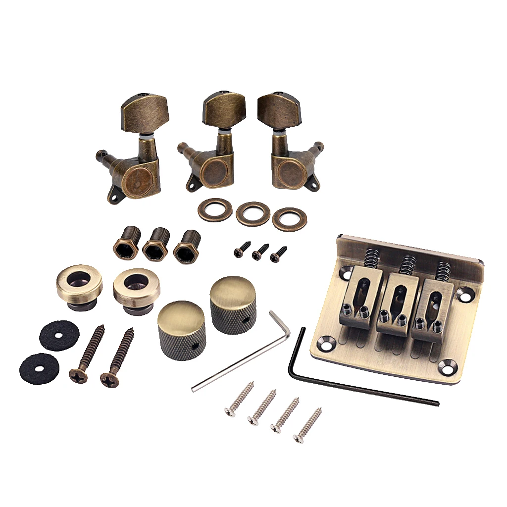 Combo Kits Bronze Saddle Bridge Tuning Pegs Control Knobs Strap Locks Wrenches Screws Washers for 3 String Cigar Box Guitar