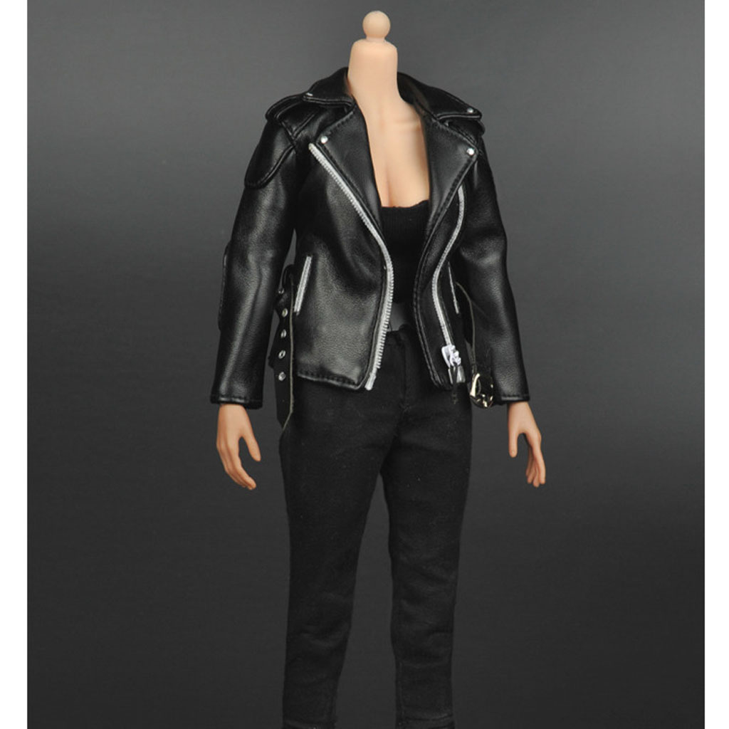 1/6 Scale Female Clothing Black PU Leather Jacket Pants Vest Long Boots for 12