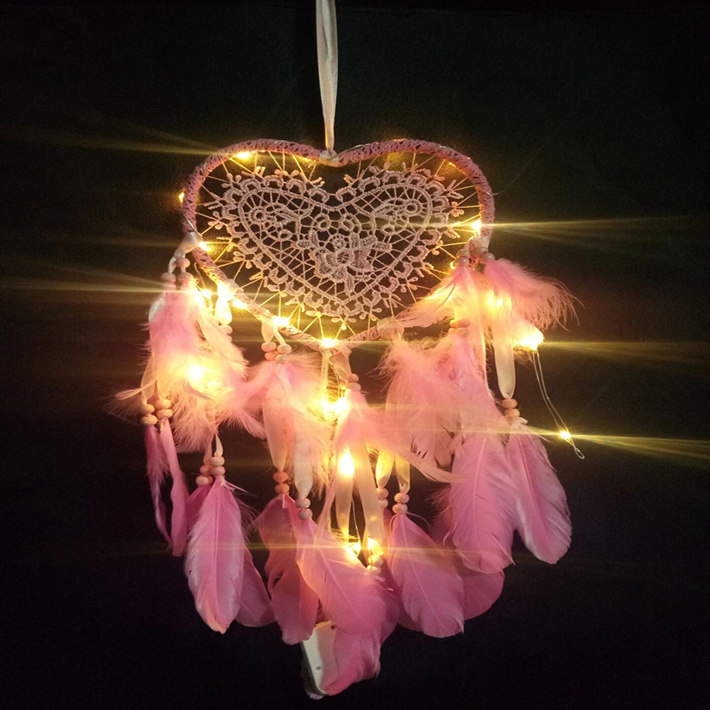 Hanging Dream Catcher Ornament Car Living Room Pendant Pink with LED Light