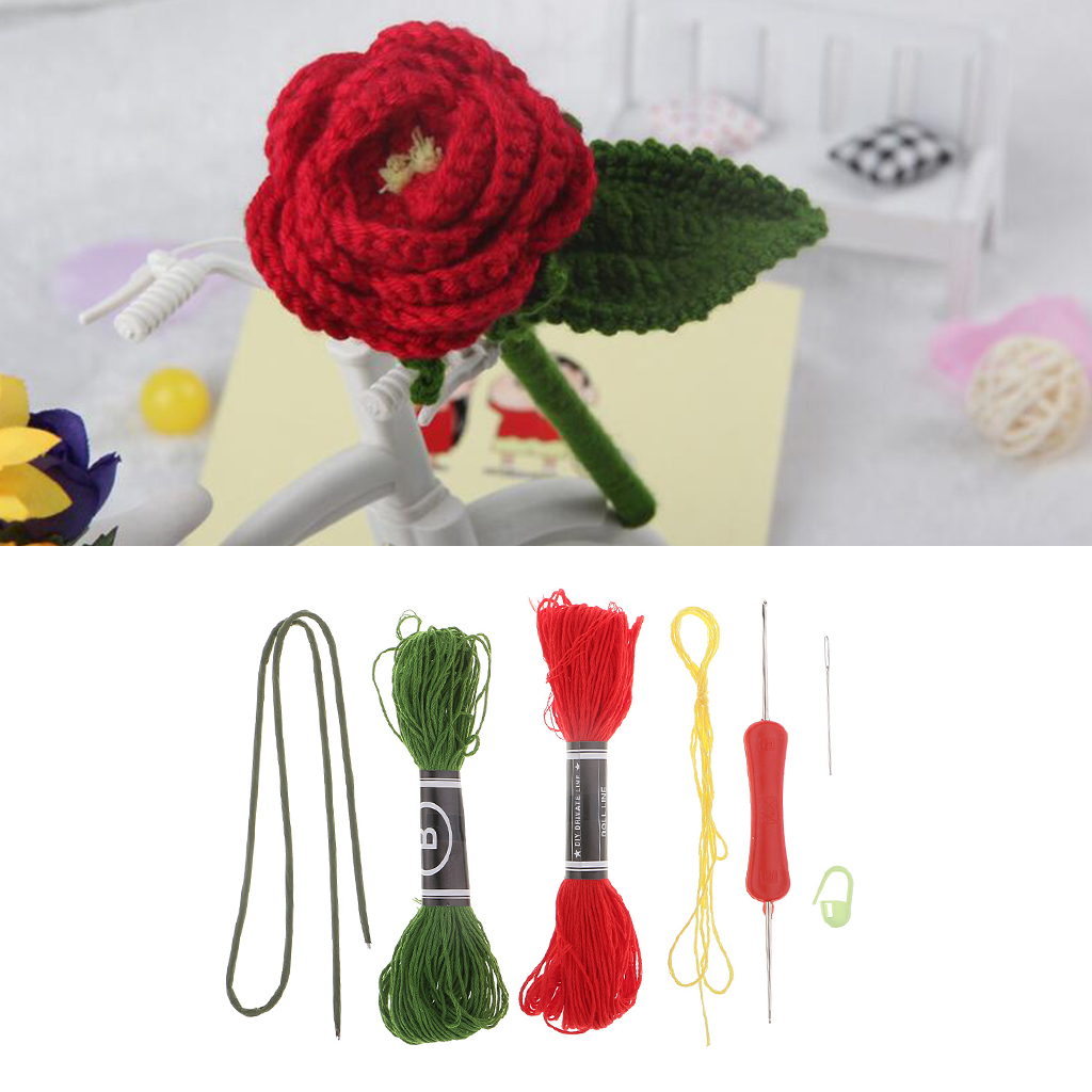1 Set Red Flower Amigurumi Crochet Knitting Kit Includes: Cotton Yarn, Crochet
