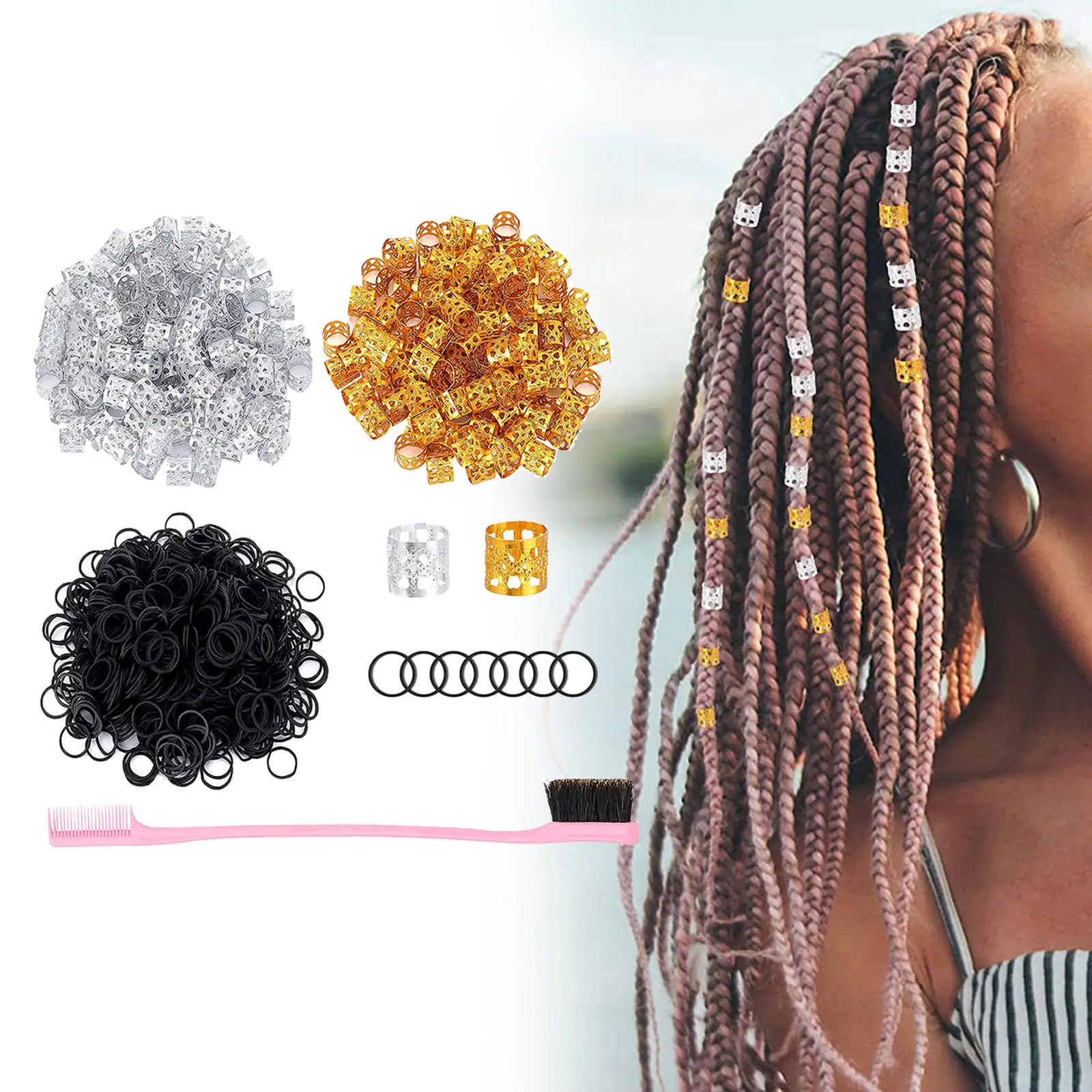 1201Pcs Dreadlock Beads Black Rubber Bands Accessory with Double-Ended Eyebrow Brush Jewelry Metal Hair Tube Beads for Braids