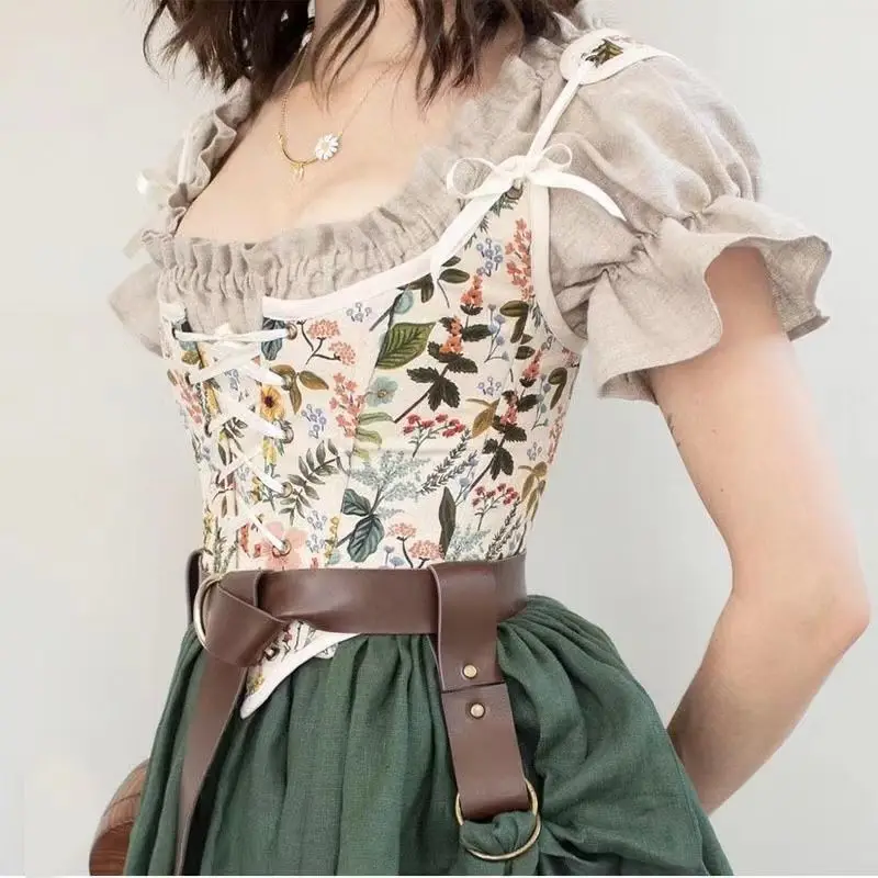 French Vintage Floral Bustiers Crop Women Backless Sexy Boho Beach Party Vest Tops Female Korean Fashion Lace-up Corset Top 2022