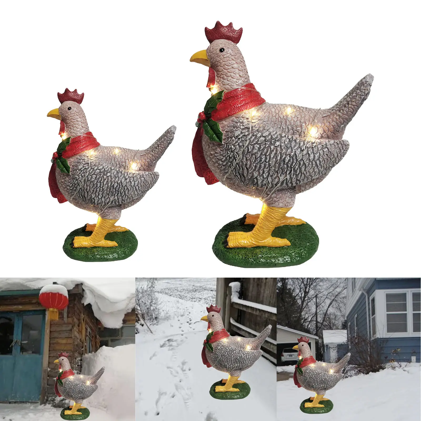 Lantern Chicken Outdoor Christmas Ornaments Light-up Chicken with Scarf for Yard Christmas Gifts