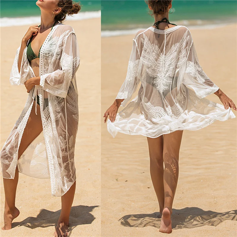 Meihuida Women Embroidered Cover-up Adults Sexy See-through Belted Three-quarter Sleeve V-neck Lace Cardigan Vacation Beach Wear swim skirt cover up no brief