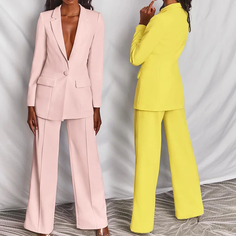Women Blazer Suit Sexy Elegant Woman Jacket And Trousers Female Blazer Pink Yellow Chic Women Outfit Office Ladies Two-Pieces green pant suit