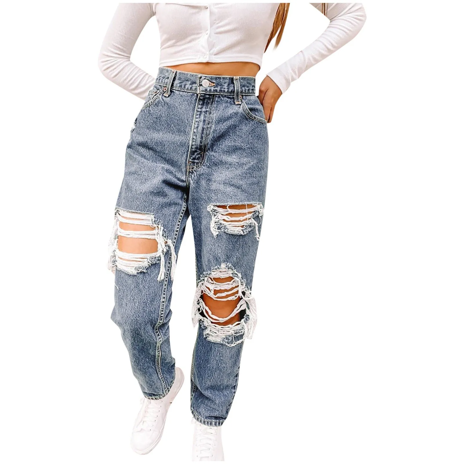 Wear Baggy Ripped Jeans | High Waist Baggy Jeans - Fashion Ripped High Waist - Aliexpress