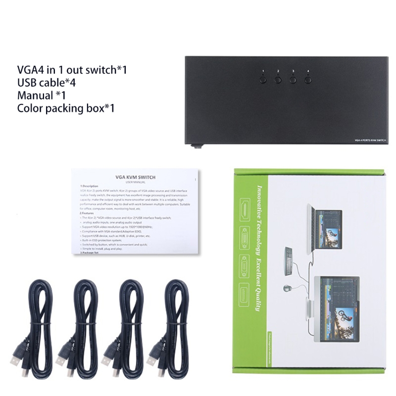 Cpdd Switch Selector Kvm Switcher Adaptador 4 pc Compartilhamento Dispositivos 2.0 Periférico Caixa Botões Cabos Usb Hub 4 Comutadores KVM