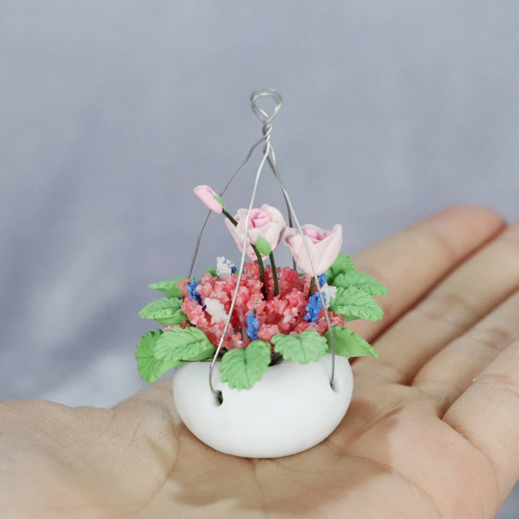 1:12 Dollhouse Miniature Potted Plant Hanging Basket Flower Simulation Rose Green Plant Model Toys Doll House Decor Accessories