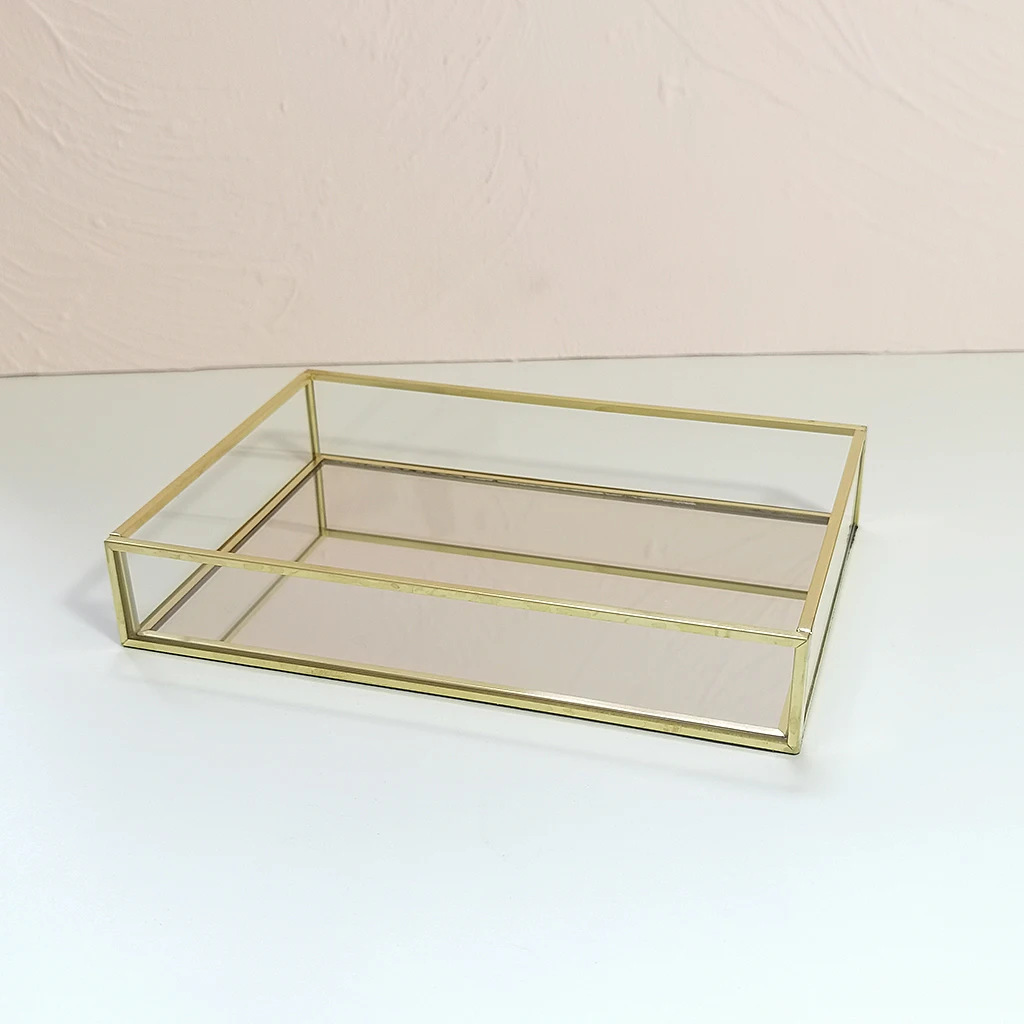 Retro Glass Mirror Decorative Storage Tray for Makeup Display Bracelet Table Glass Tray Gold Jewelry Cosmetic Organizer Tray