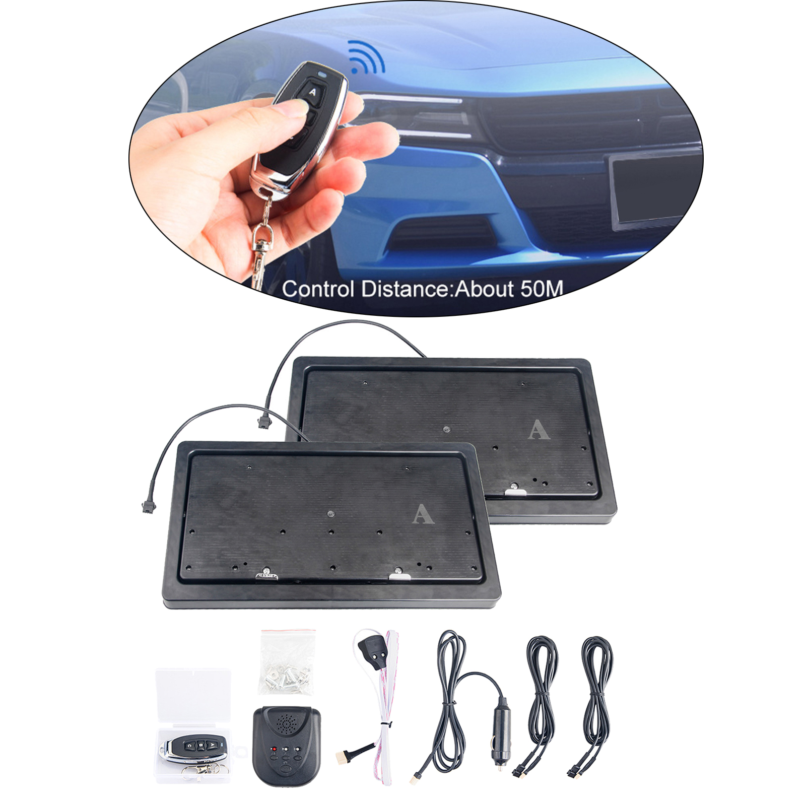 Universal 2 Set Standard Size Flip Hidden License Plate Frame Holder Bracket w/ Remote, Easy to Install