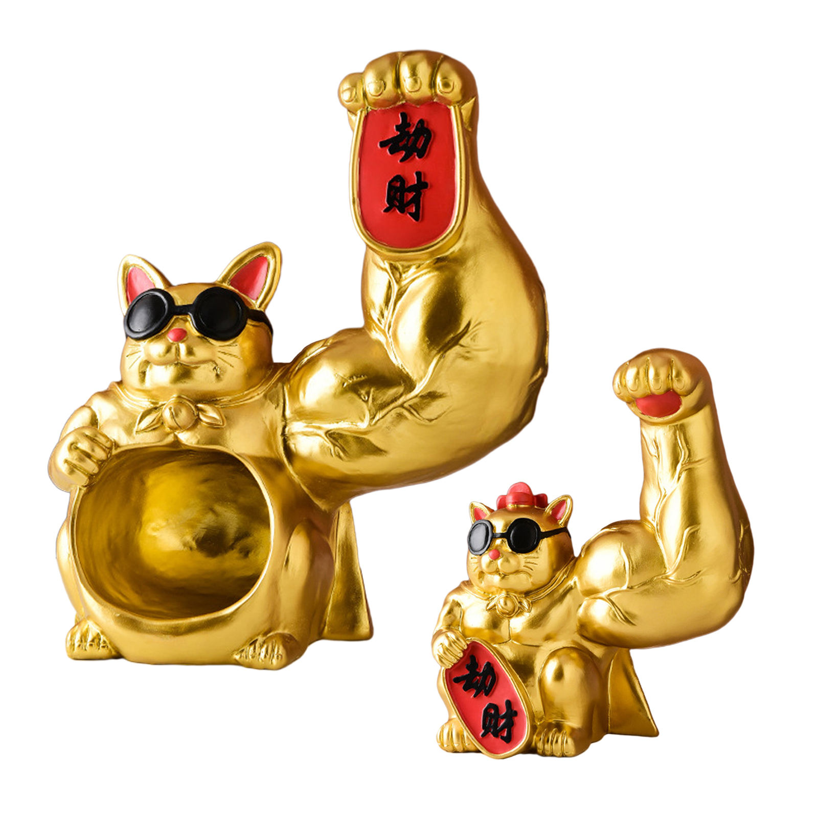 Resin Muscle Arm Lucky Cat Statue Figurine Feng Shui Animal Craft Office Room Shop Home Door Interior Decoration Accessories