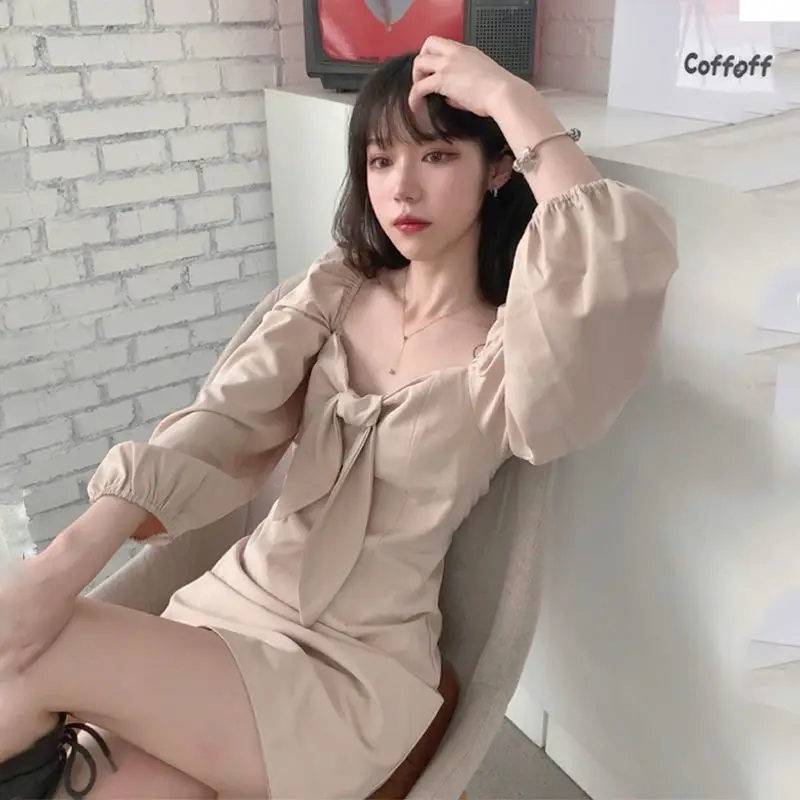 Long Sleeve Dresses Women Pure French Style Bow Cozy Empire Square Collar Retro All-match Mini Streetwear Elegant Vestidos Mujer mother of the bride dresses