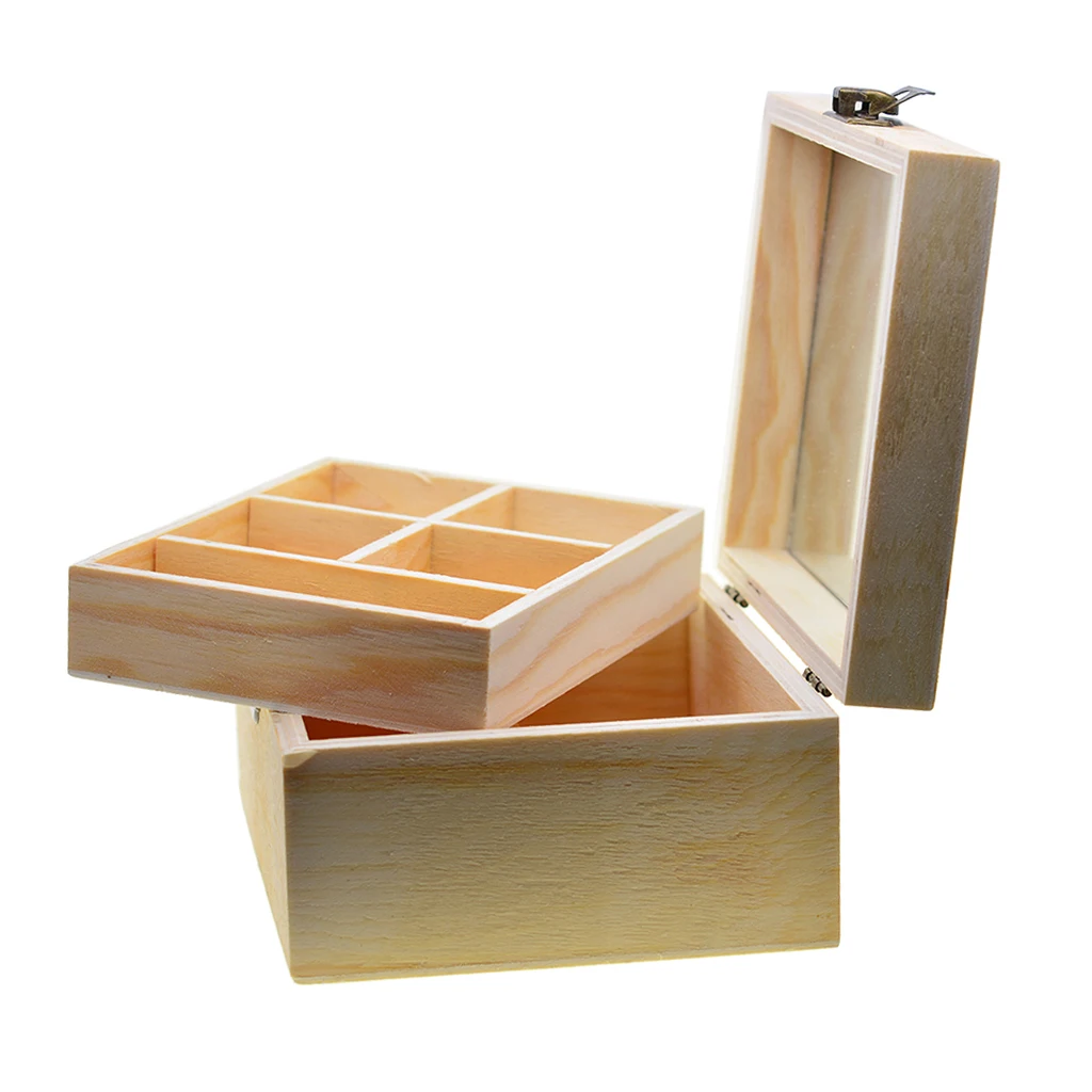 Natural Plain Wood Box Wooden Jewelry Decoupage Storage Box with Mirror Tray