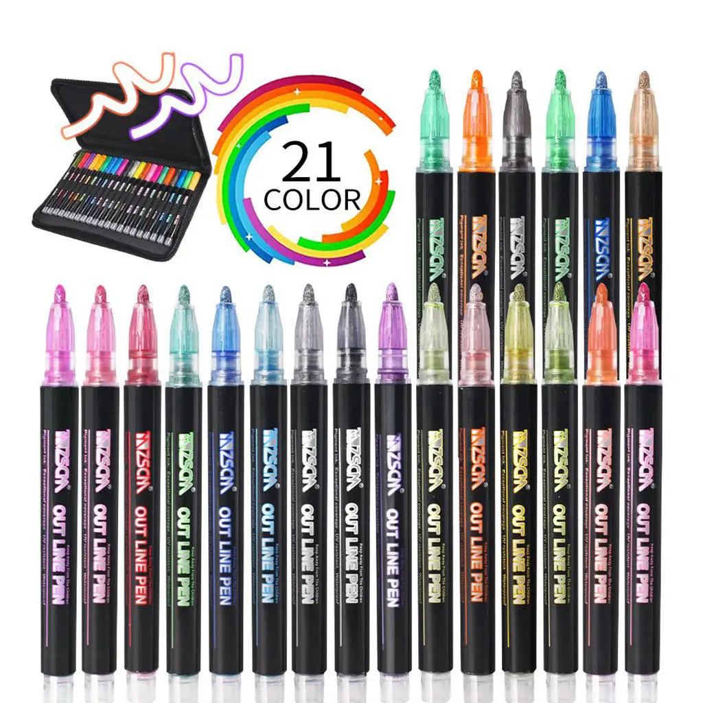 Fearterr Outline Marker pens for DIY Gree Self-Outline Metallic Markers Set with Waterproof Canvas Case 21 Assorted Colors,18 Silver PLUS 3 Gold Shimmer Doodle Dazzle Double Line Markers CRAFTSIES 21 Outline Markers Double Line Pens Permanent Pens Set 