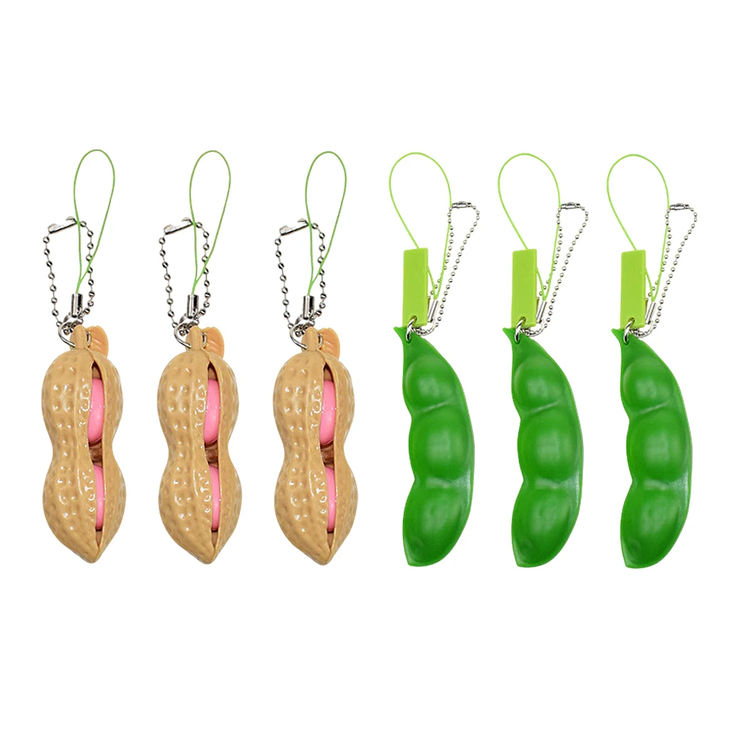 6 Pack Squeeze Beans Peanut Stress Relieve Pea Pod Keychain Hand Fidget Sensor Toys Antistress Gag Toys