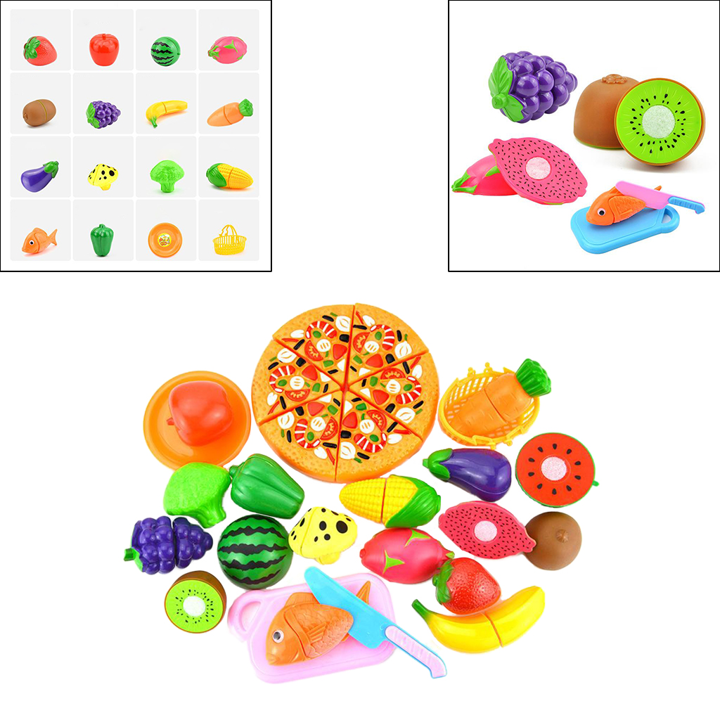 24 Piece Kids Pretend Role Play Kitchen Fruit Vegetable Food Toy Cutting Set Pizza, Strawberry, Mushroom, etc