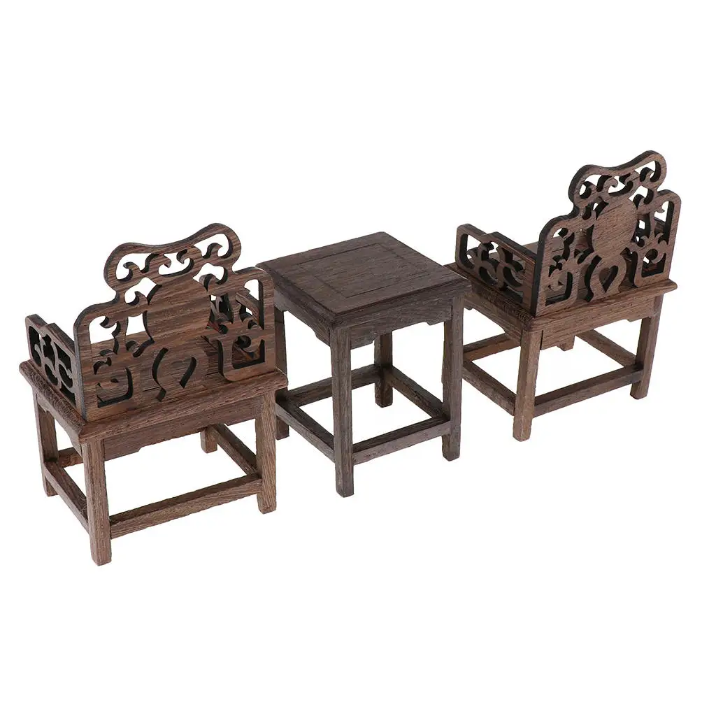 1/6 Dollhouse Living Room Furniture - Mini Tea Table + 2 Armchairs Wooden Furniture Model