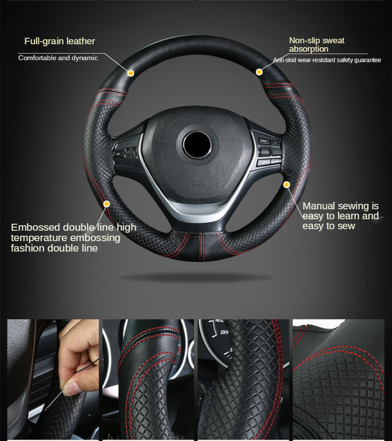 Top Layer Echt leder Geflecht Lenkrad abdeckung 15 Zoll Prägung Hands tich Auto Lenkrad Innen zubehör – Detail 6
