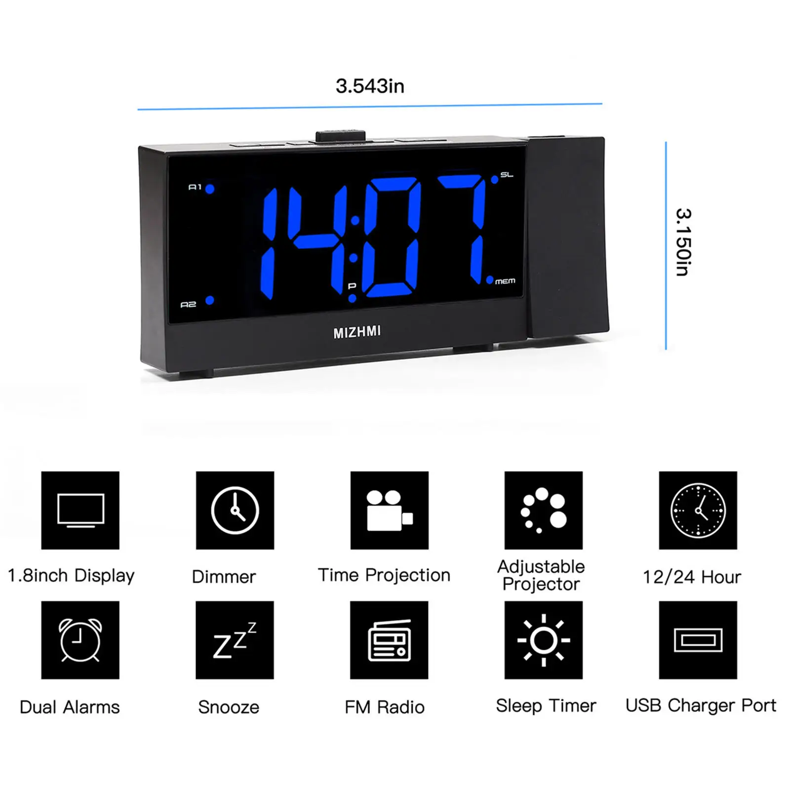 LED Alarm Clock Radio Timed Off Projection Dual Alarms Home Desktop FM Radio