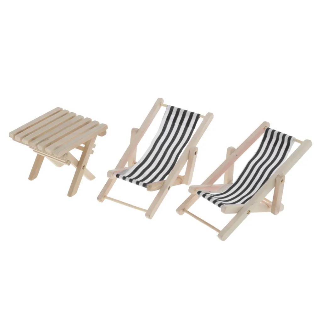 Mini Wooden Beach Chair Longue Deck Chair (2pcs) & Beach Table Crafts for 1/6 Dollhouse Funiture and Accessories