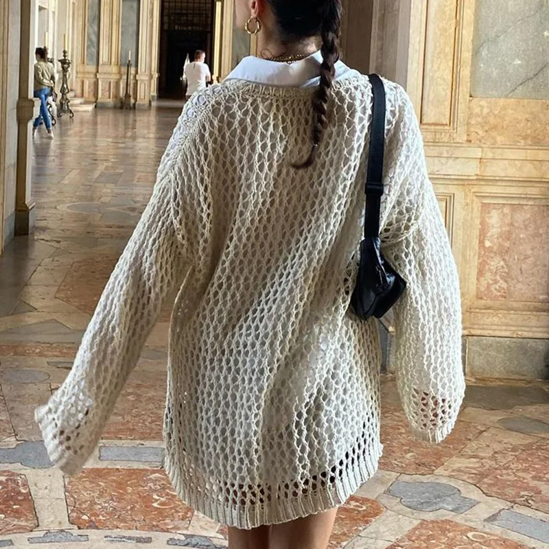 Women Summer Sexy Hollow-out Knit Smock Blouse Loose Round Neck Long Sleeve Fishnet Pullover Knitwear Summer Holiday Cover-Ups bikini cover up