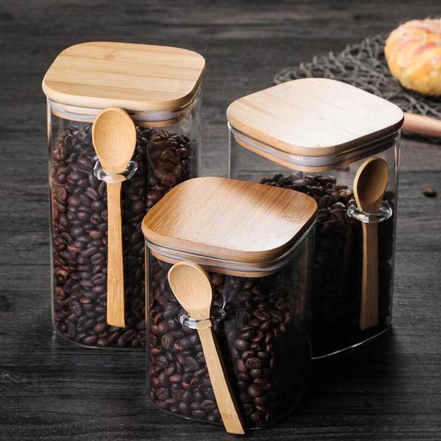  KOIKEY Sugar Jar Glass Salt Container - 15oz Clear Airtight  Caning with Bamboo Lid and Spoon Scoop, Storage Overnight Oats, Salts,  Coffee Bean, Spice, Creamer, Food Organizer, Pack of 1 