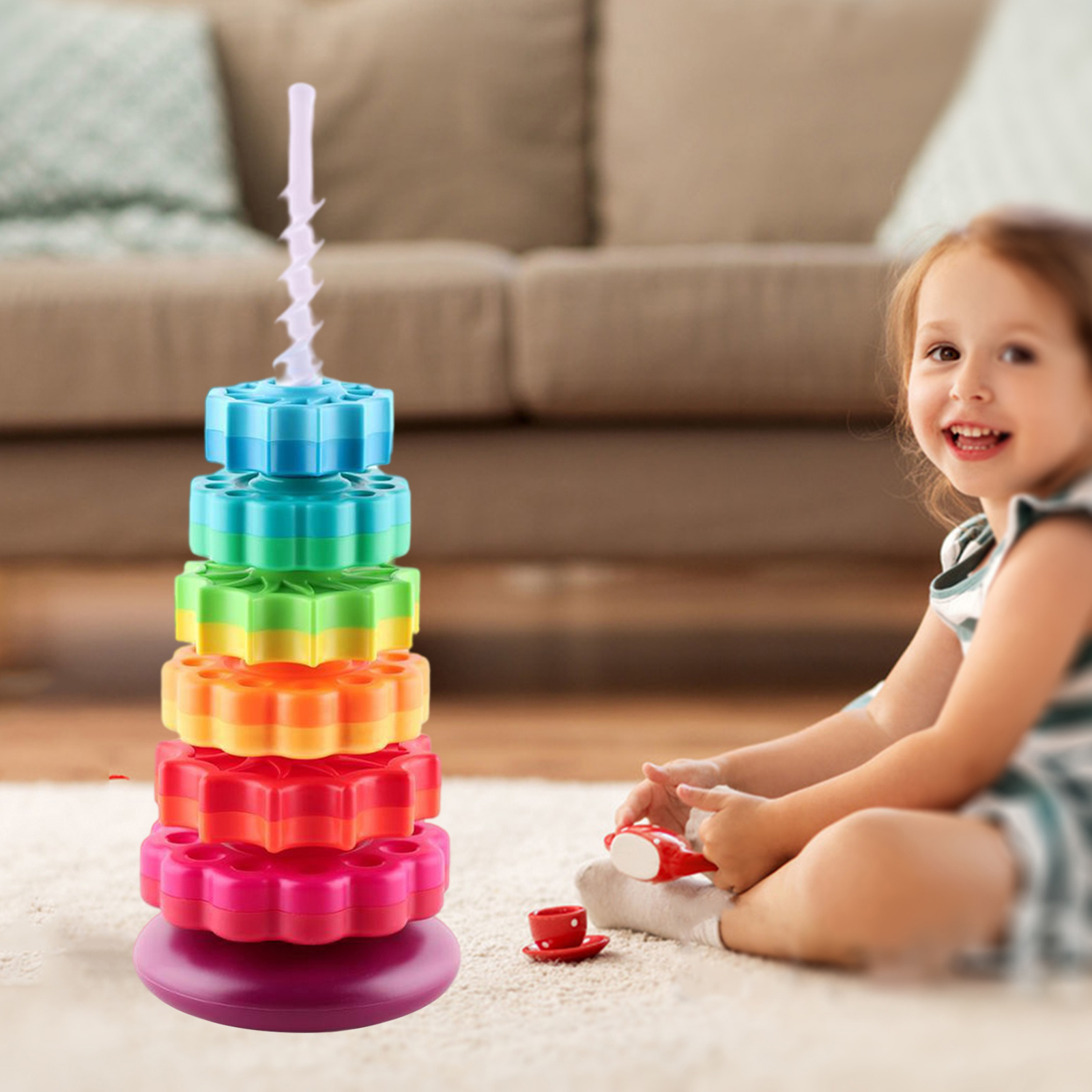 Plastic Rainbow Tower Stacking Toy Shape Color Recognition Building Blocks