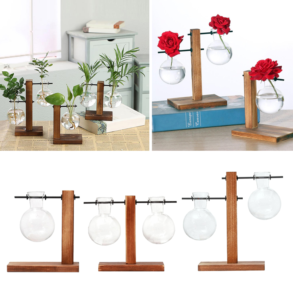 Desktop Plant Terrarium Glass Planter Bulb Vase Retro Wooden Stand Home Decor