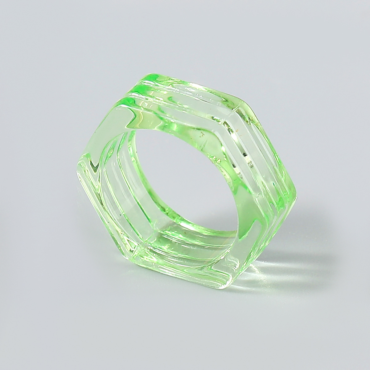 Fashion Candy Color Hexagon Transparent Resin Ring Couple Popular Hip-hop Ring Campus Party Accessories