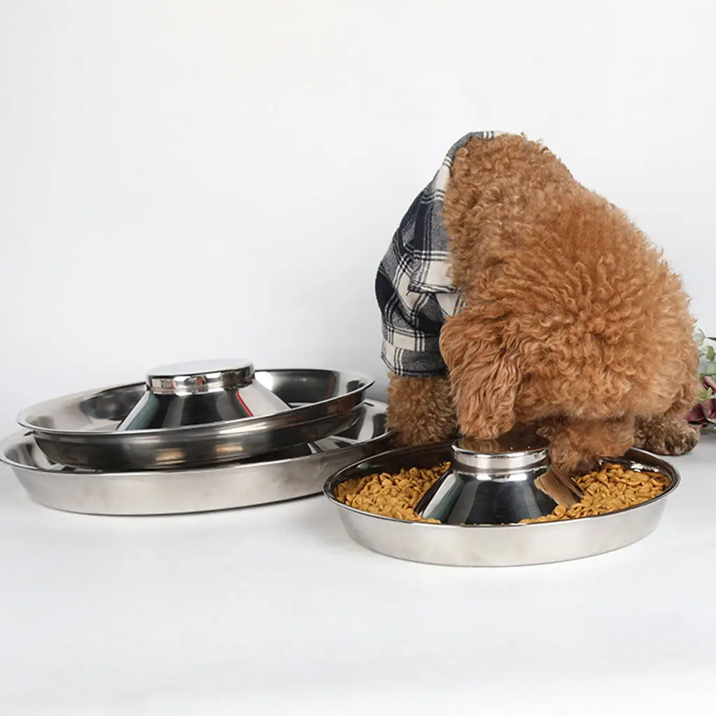 Practical Dog Cat Slow Bowls Stainless Steel Water and Food Feeder Silver Dish for Small Large Pets Puppy