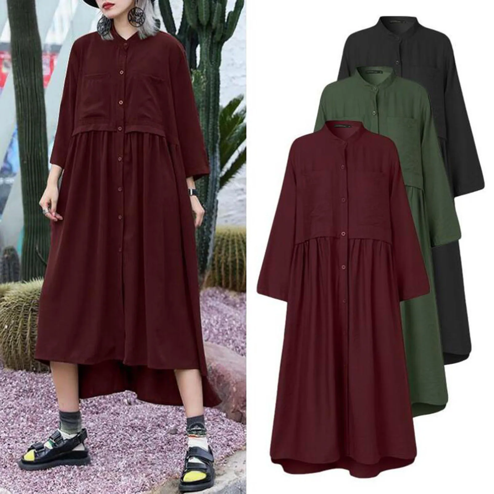 Solid Color Dress Women's Fashion Loose Cardigan Button Solid Color O ...
