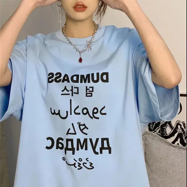 Chic Multi Language Letter Print T Shirts Women Oversized Cotton