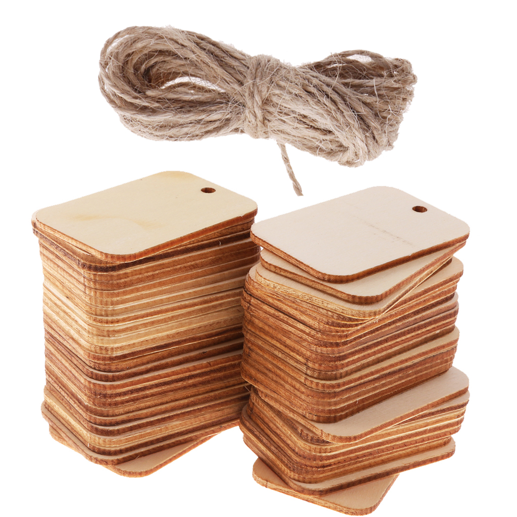 50Pcs Wooden Gift Tags Wedding Decor Xmas Crafts with Twine Rectangle Labels