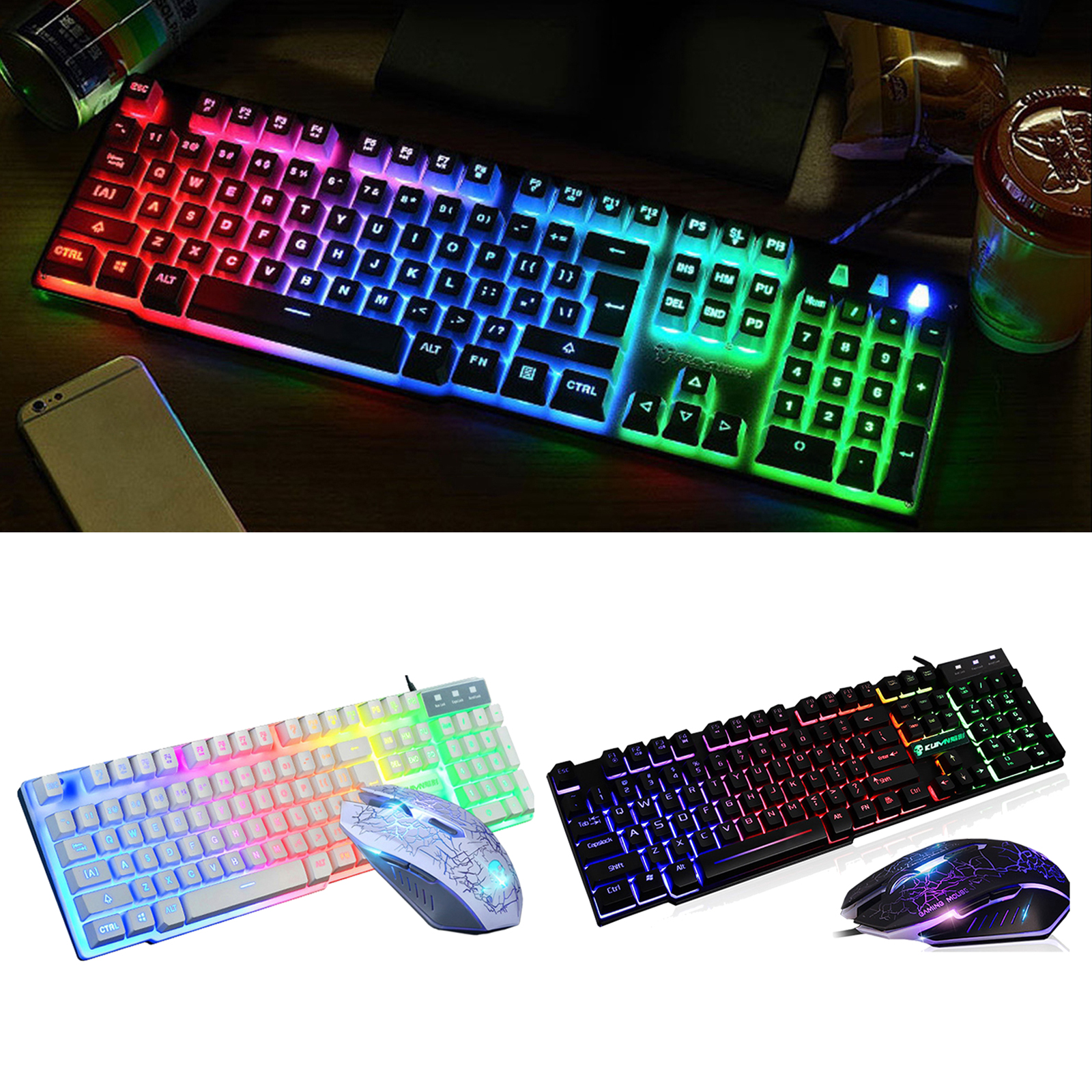 T6 Rainbow Backlit USB Wired Gaming Keyboard Mouse Pad Set for PS4/PS3//PC New