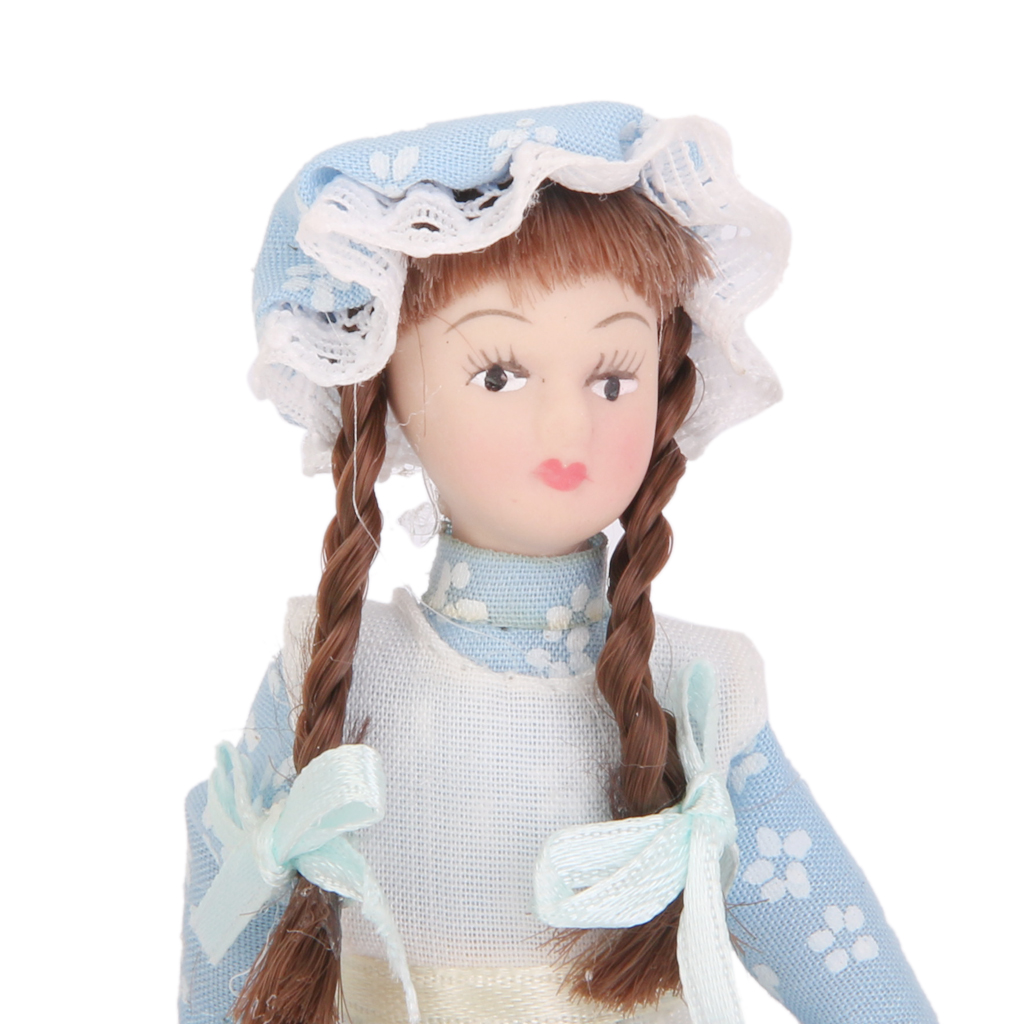 Porcelain Doll Little Girl Dollhouse Miniature 1:12 Scale in Blue Dress Display Stand Gifts