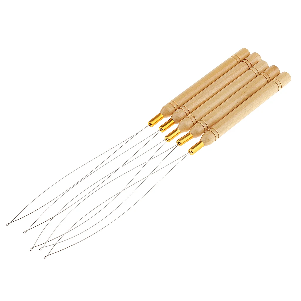 5pcs Micro  Hair Extension Wooden Loop Needle Thread Feather Hook Tools