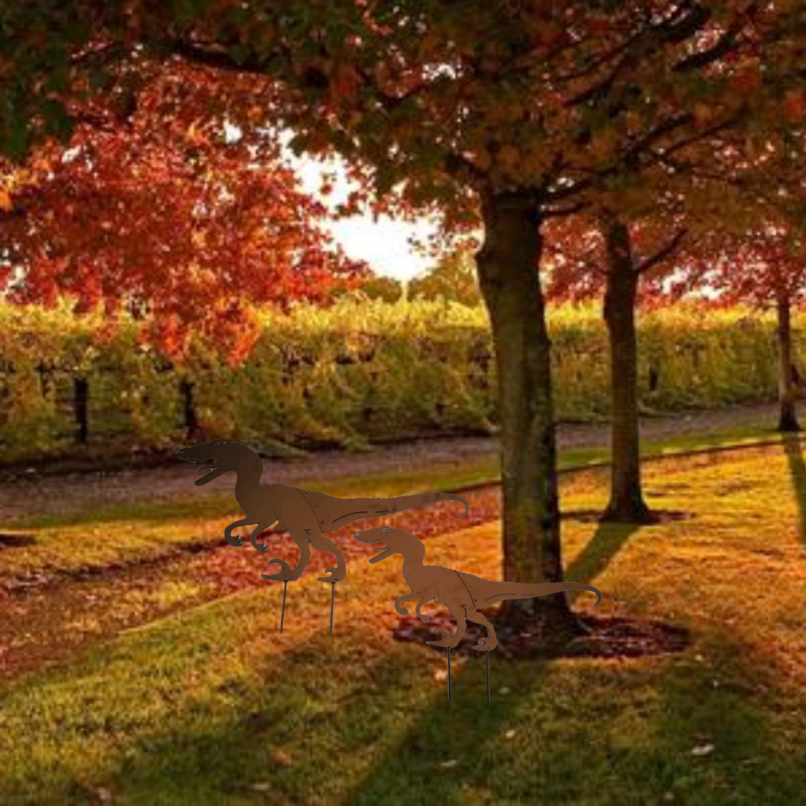 Dinosaur Silhouette Metal Garden Stake Garden Art Lawn Ornaments 2 Piece Set