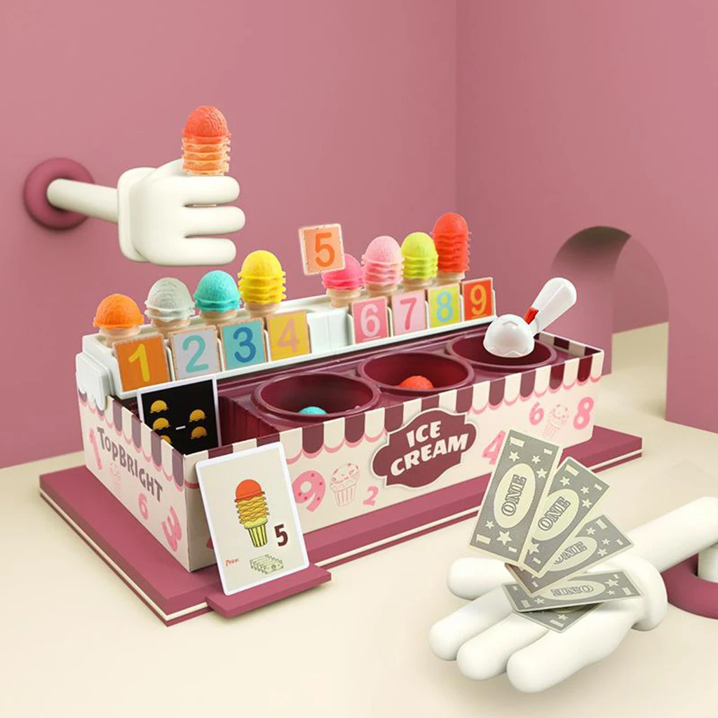 Ice Cream Counter Play Food and Accessories, Math Learning Game, Great Girls and Boys - Best for 3, 4, 5 Year Olds