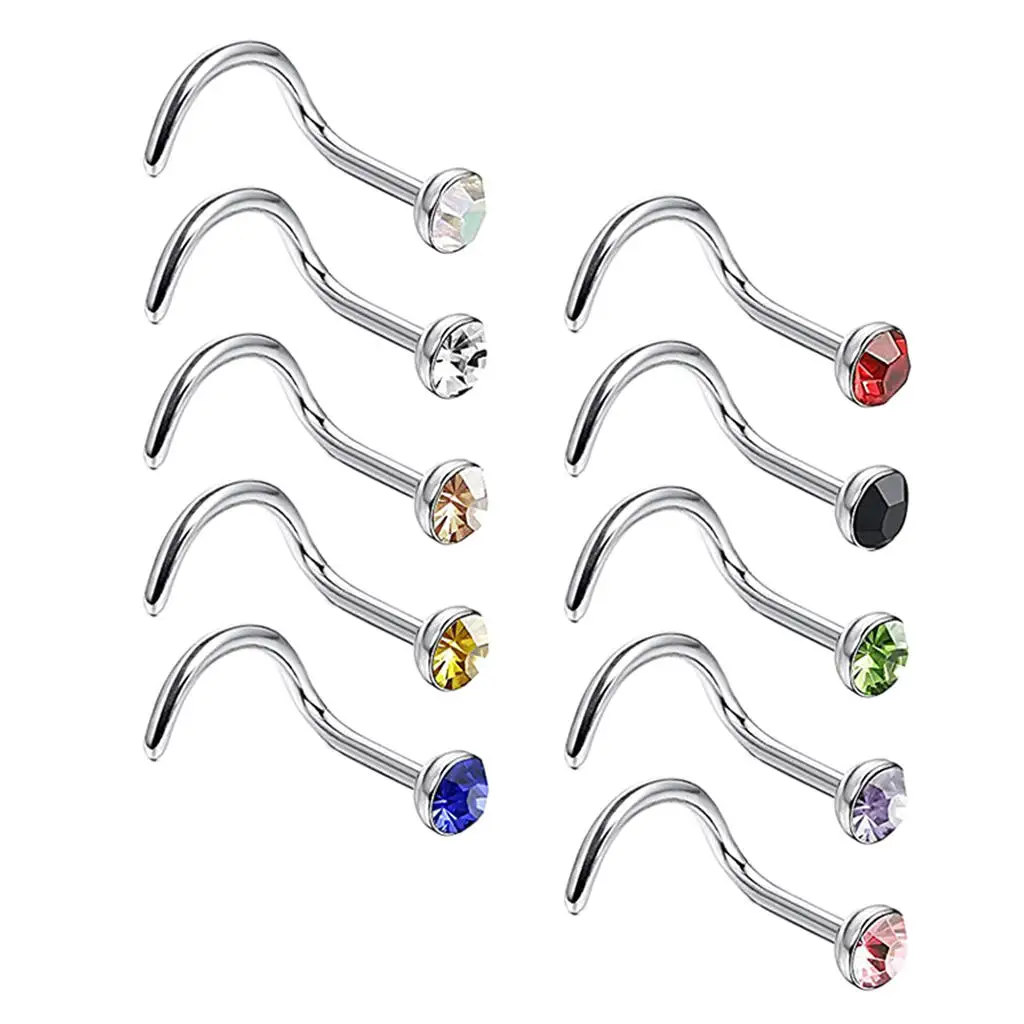 10pcs Rhinestone Stainless Steel Screw Shape Nose Studs Rings 20g Piercing with 1.5/2/2.5/3mm Rhinestone Assorted Color