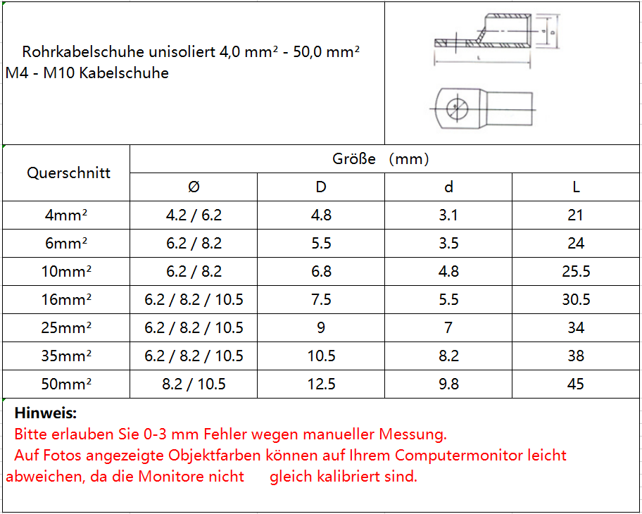 2-50 Stück Kupferkabelschuh-Set SC35-6 35-8 35-10 35-12 mit Bolzenloch, Verzinnte Kabelschuhe, Batterieanschlüsse, Kupferkabelverbinder – Detail 2