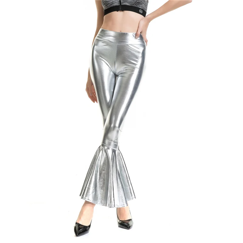 Women Shiny Metallic Flare Leggings Slim High Waist Vintage Disco Style Bell Bottoms Trousers leggings